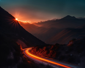 Photorealistic road in mountains sunset behind mountains